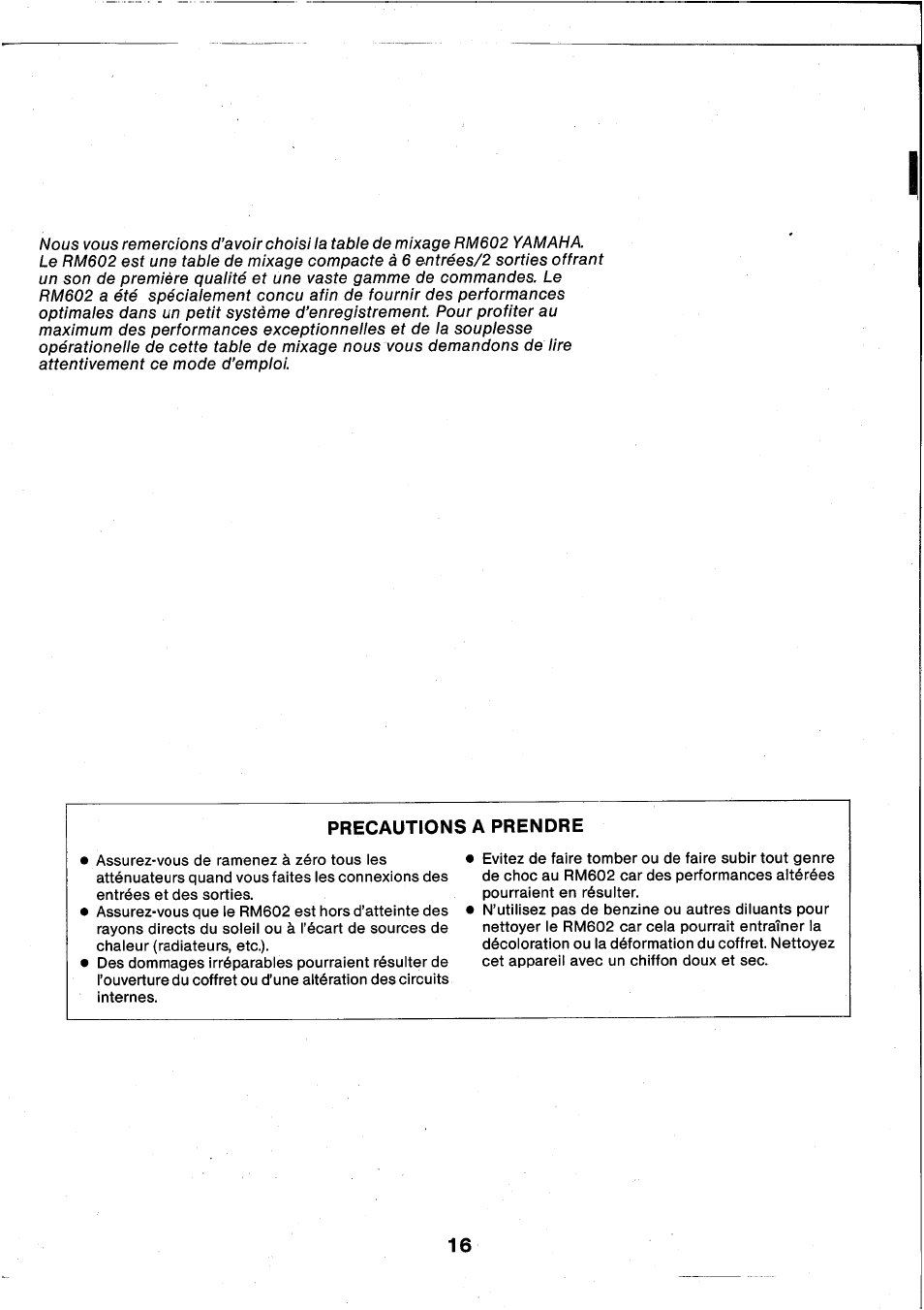 Precautions a prendre | Yamaha RM602 User Manual | Page 17 / 44