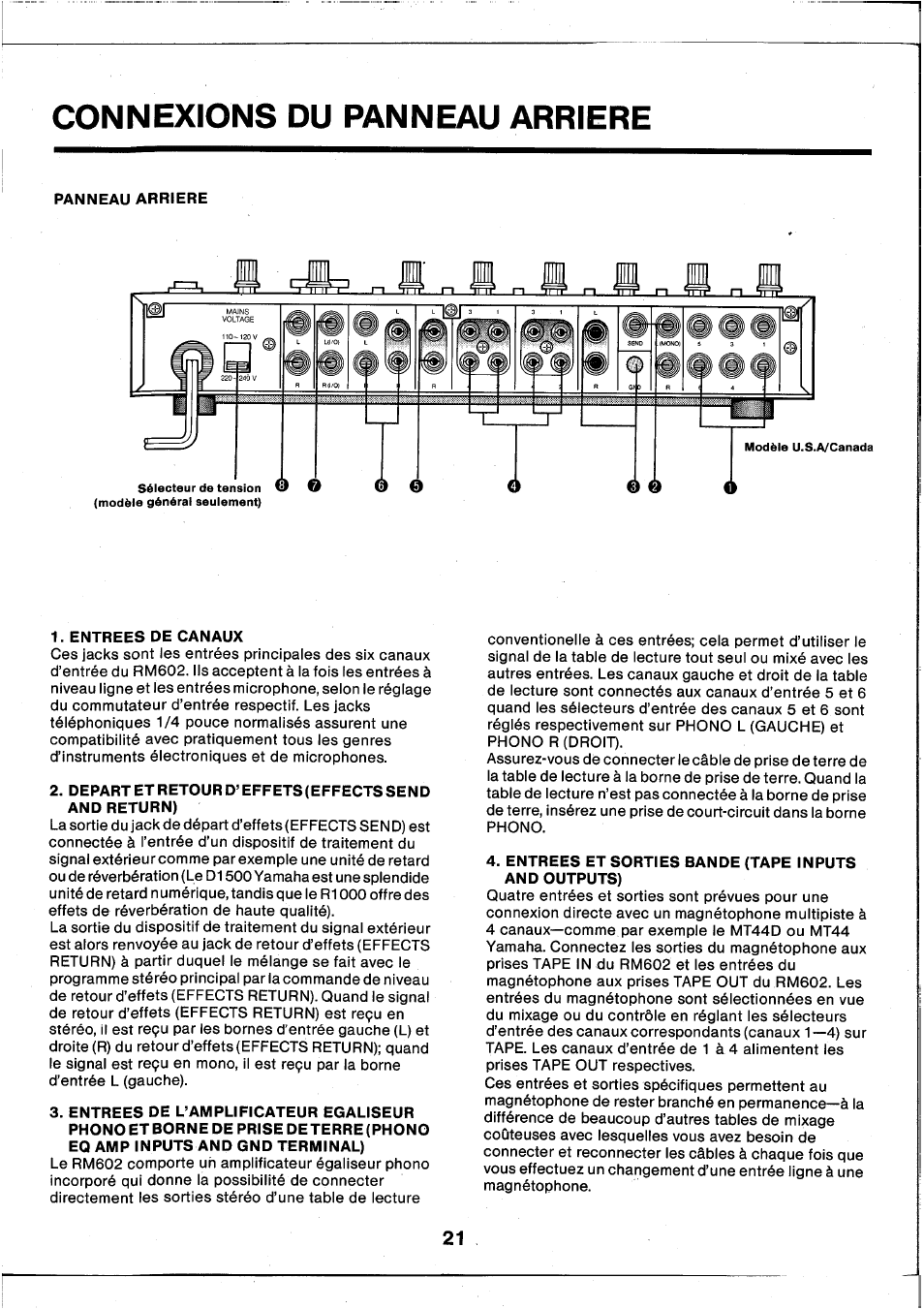 Connexions du panneau arriere | Yamaha RM602 User Manual | Page 22 / 44