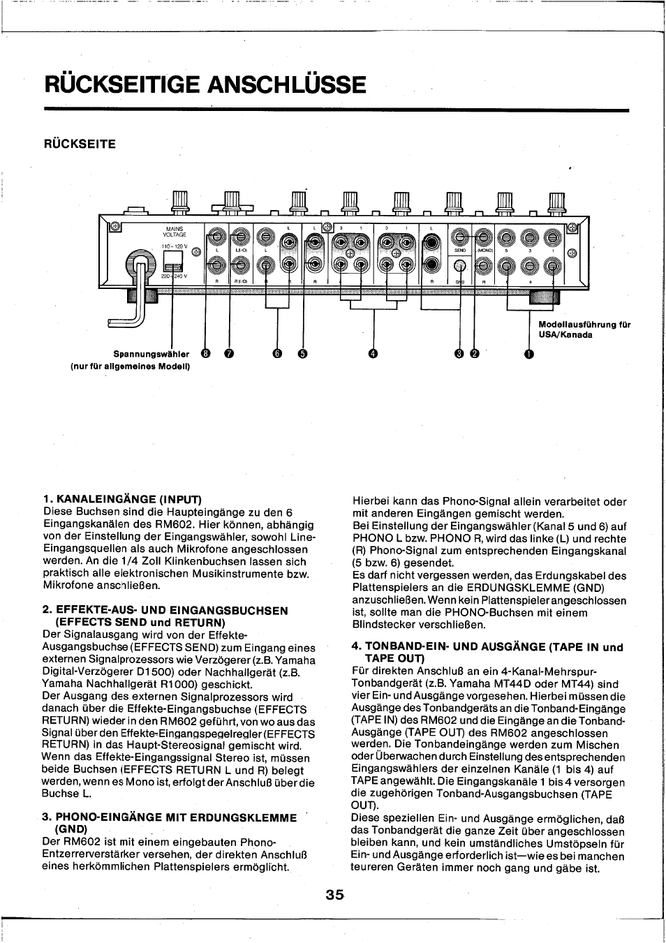 Rückseitige anschlüsse | Yamaha RM602 User Manual | Page 36 / 44