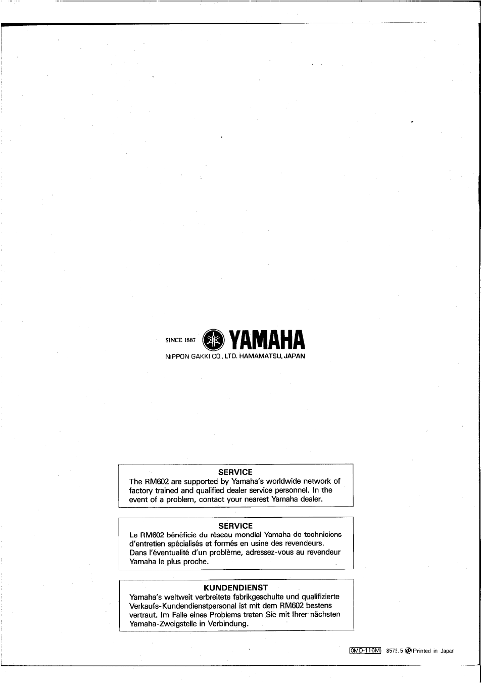 Service, Kundendienst, S yamaha | Yamaha RM602 User Manual | Page 44 / 44