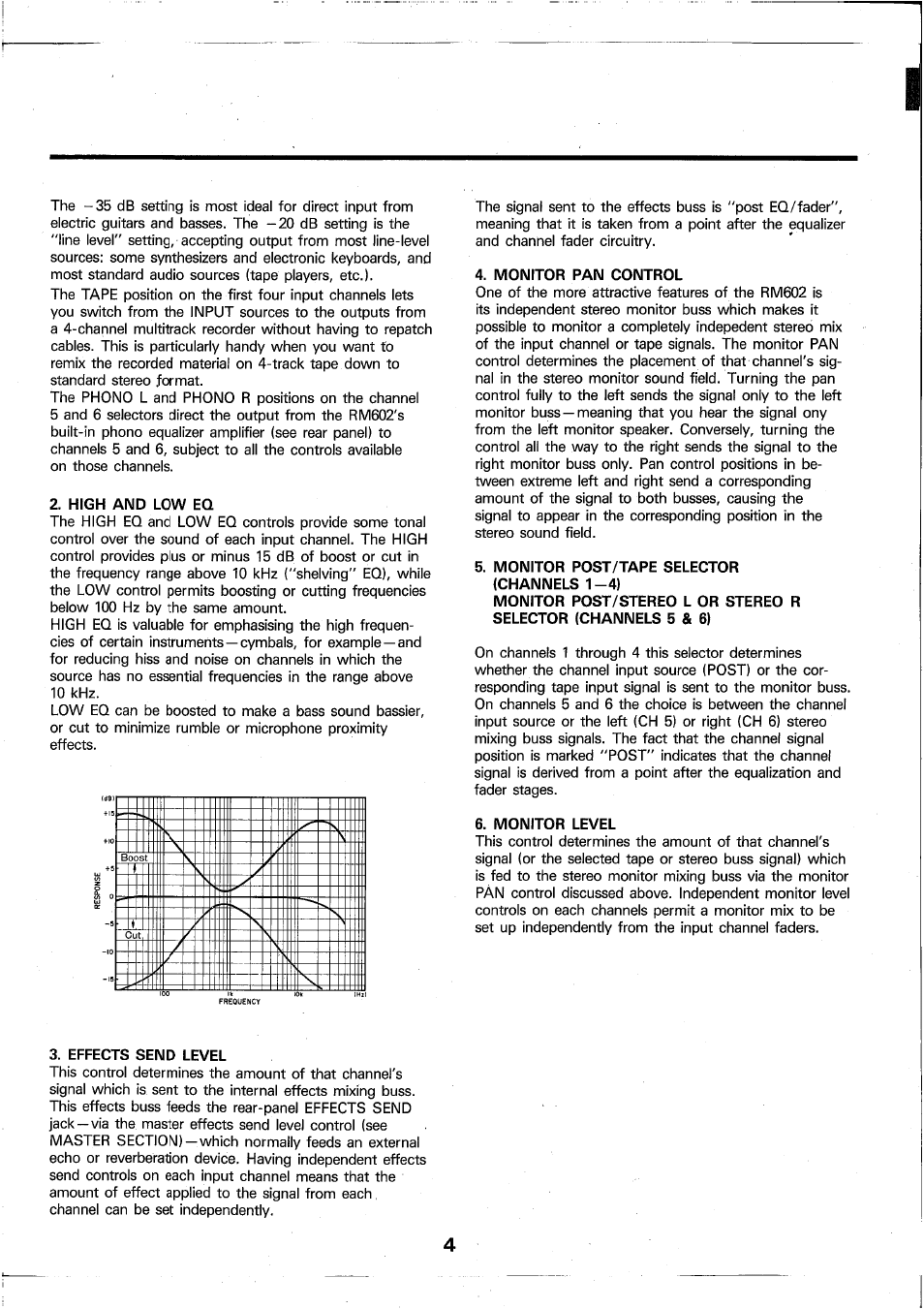 High and low eq, Effects send level, Monitor pan control | Monitor post/tape selector (channels 1-4), Monitor level | Yamaha RM602 User Manual | Page 5 / 44