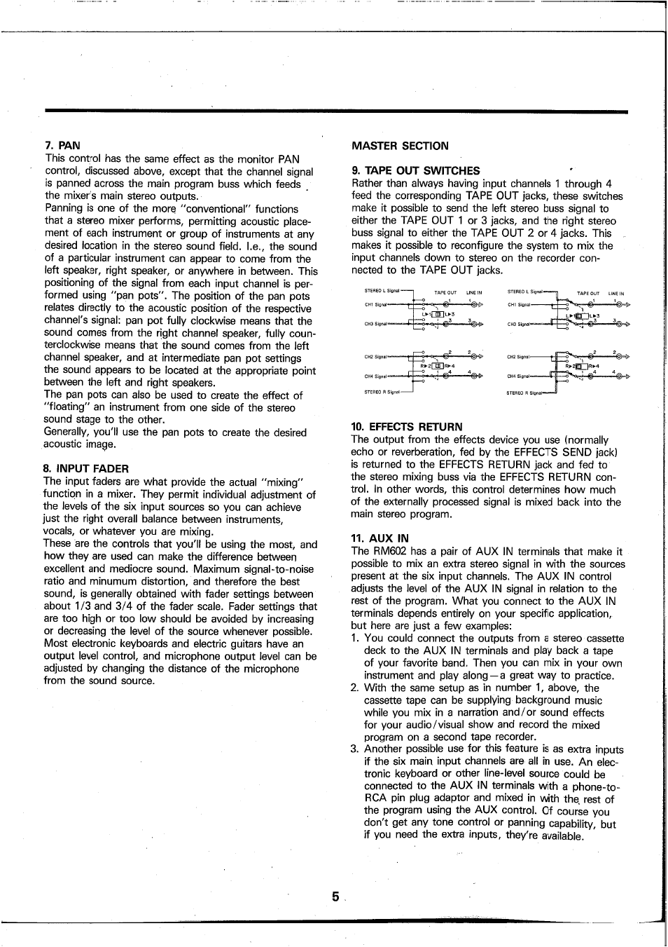 Input fader, Master section, Tape out switches | Effects return, Aux in, L»iré~li-»3 | Yamaha RM602 User Manual | Page 6 / 44