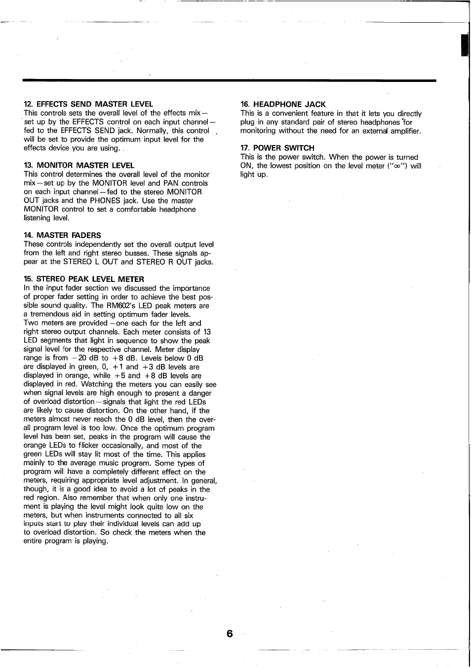 Effects send master level, Monitor master level, Master raders | Stereo peak level meter, Headphone jack, Power switch | Yamaha RM602 User Manual | Page 7 / 44