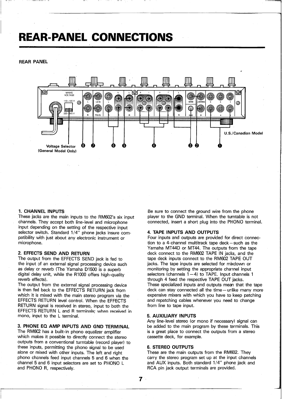 Rear panel, Channel inputs, Effects send and return | Phone eq amp inputs and gnd terminal, Tape inputs and outputs, Auxiliary inputs, Stereo outputs, Rear-panel connections | Yamaha RM602 User Manual | Page 8 / 44