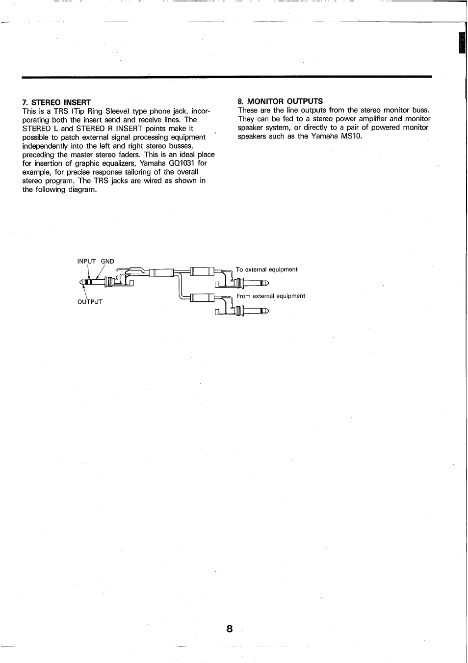 Stereo insert, Monitor outputs | Yamaha RM602 User Manual | Page 9 / 44