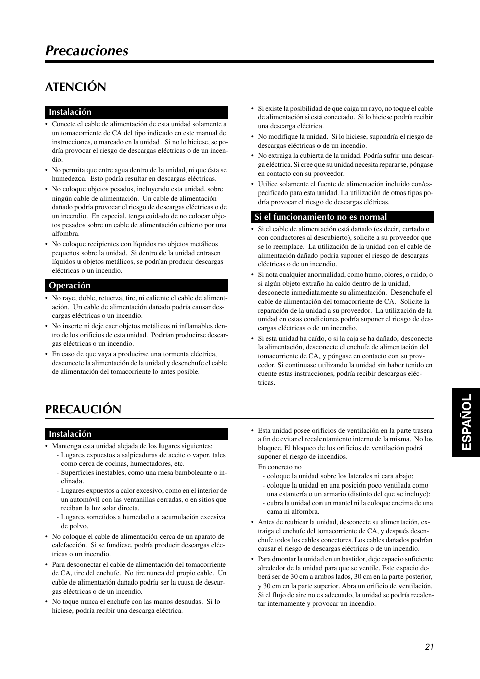 Precauciones, Esp añol, Atención | Precaución | Yamaha MSR100 User Manual | Page 2 / 8