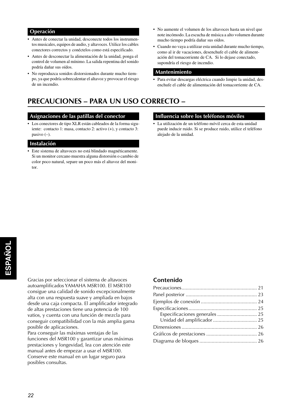 Esp añol, Precauciones – para un uso correcto | Yamaha MSR100 User Manual | Page 3 / 8