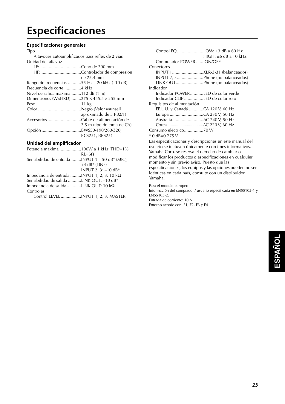 Especificaciones, Especificaciones generales, Unidad del amplificador | Esp añol | Yamaha MSR100 User Manual | Page 6 / 8