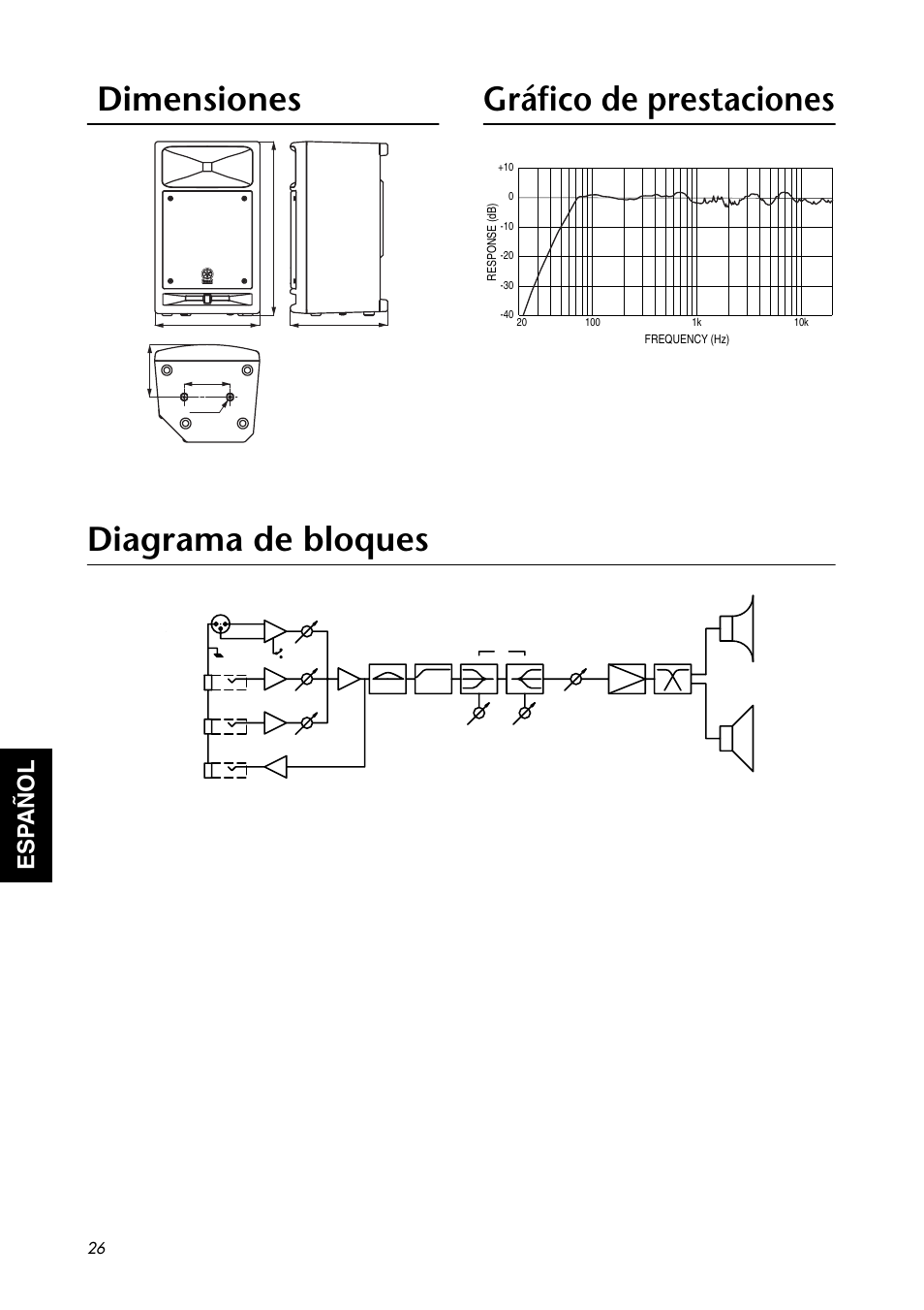 Dimensiones, Gráfico de prestaciones, Diagrama de bloques | Esp añol | Yamaha MSR100 User Manual | Page 7 / 8