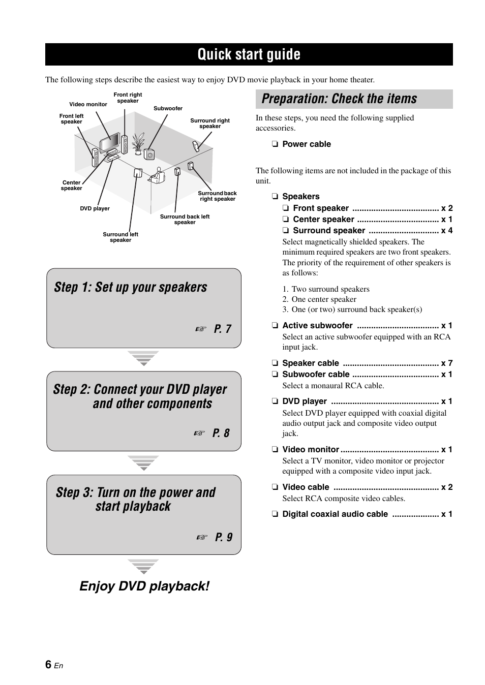 Quick start guide, Enjoy dvd playback! step 1: set up your speakers, Preparation: check the items | P. 7, P. 8, P. 9 | Yamaha RX-V1900BL User Manual | Page 10 / 146