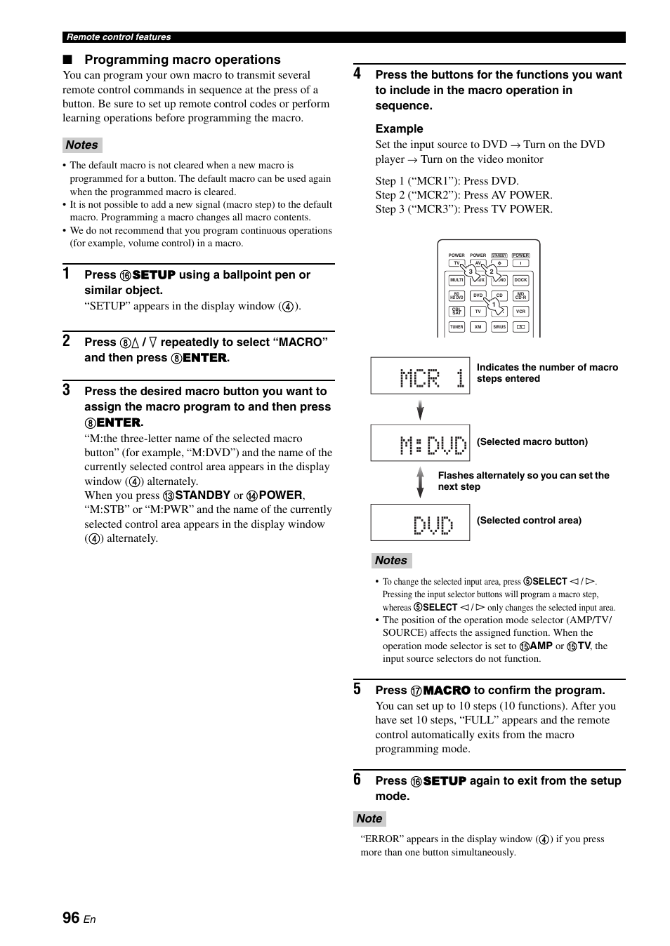 Mcr 1 m:dvd dvd, Programming macro operations | Yamaha RX-V1900BL User Manual | Page 100 / 146