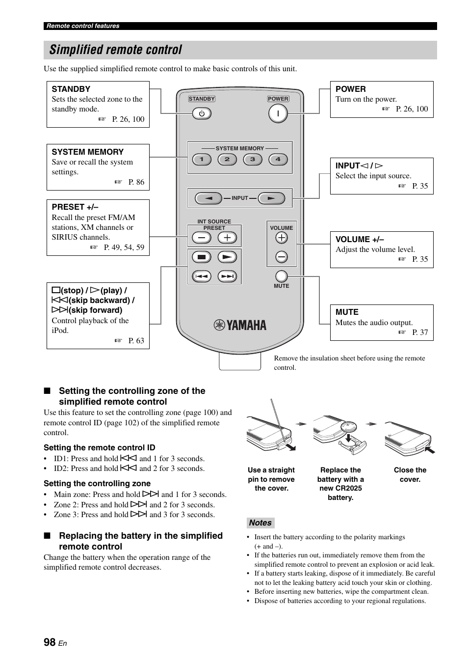 Simplified remote control | Yamaha RX-V1900BL User Manual | Page 102 / 146