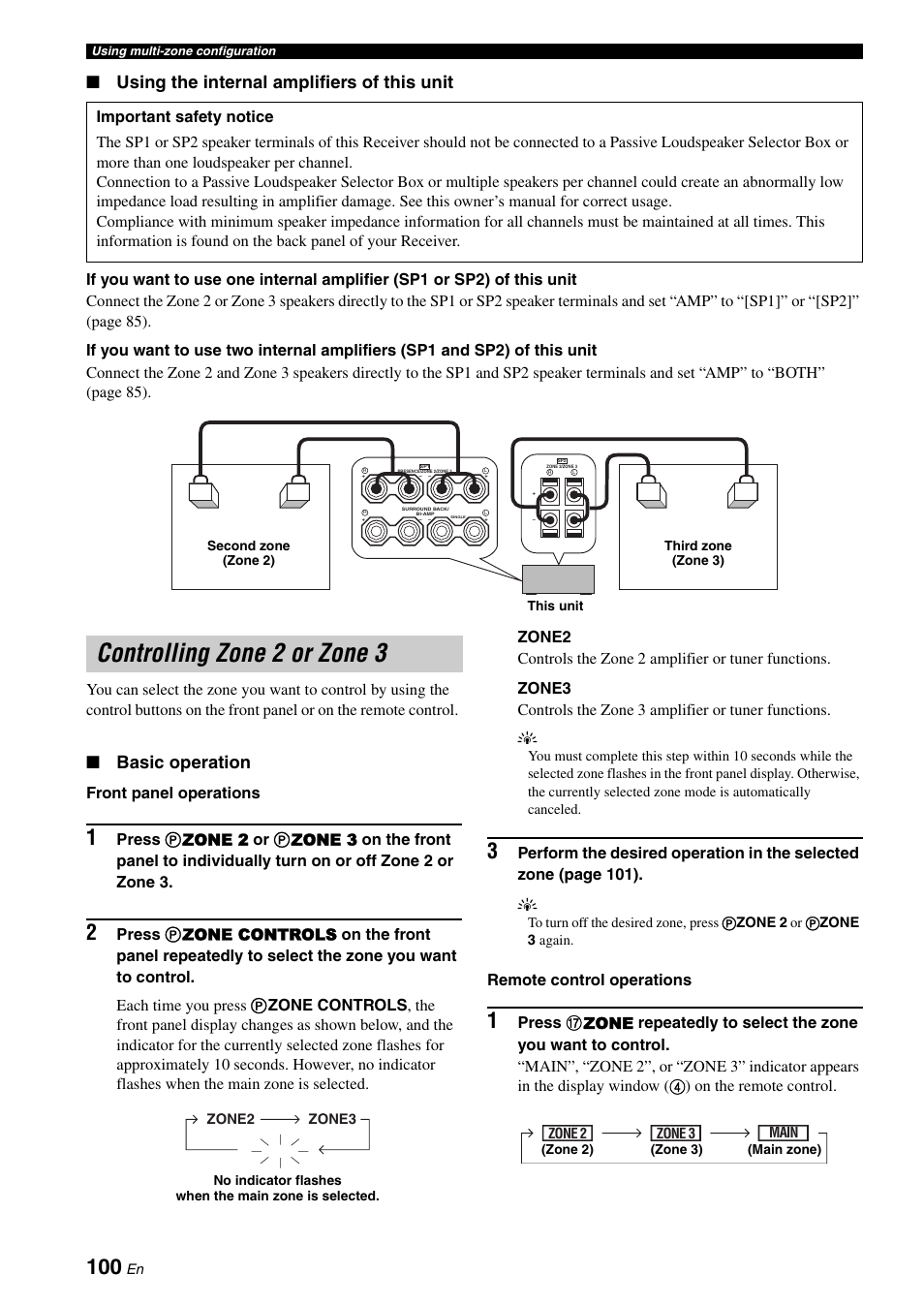 Controlling zone 2 or zone 3, Using the internal amplifiers of this unit, Basic operation | Front panel operations, Remote control operations | Yamaha RX-V1900BL User Manual | Page 104 / 146