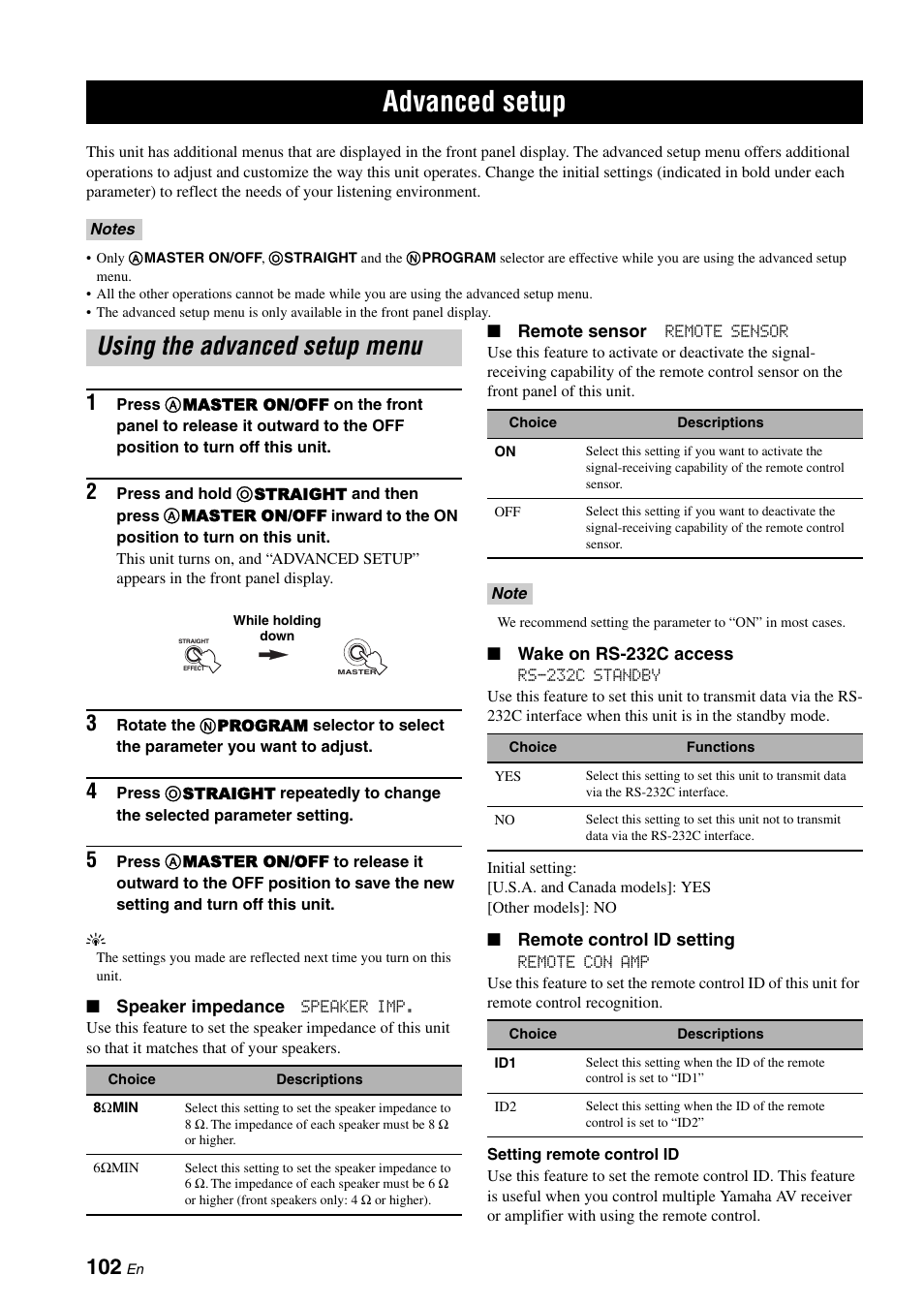 Advanced setup, Using the advanced setup menu | Yamaha RX-V1900BL User Manual | Page 106 / 146