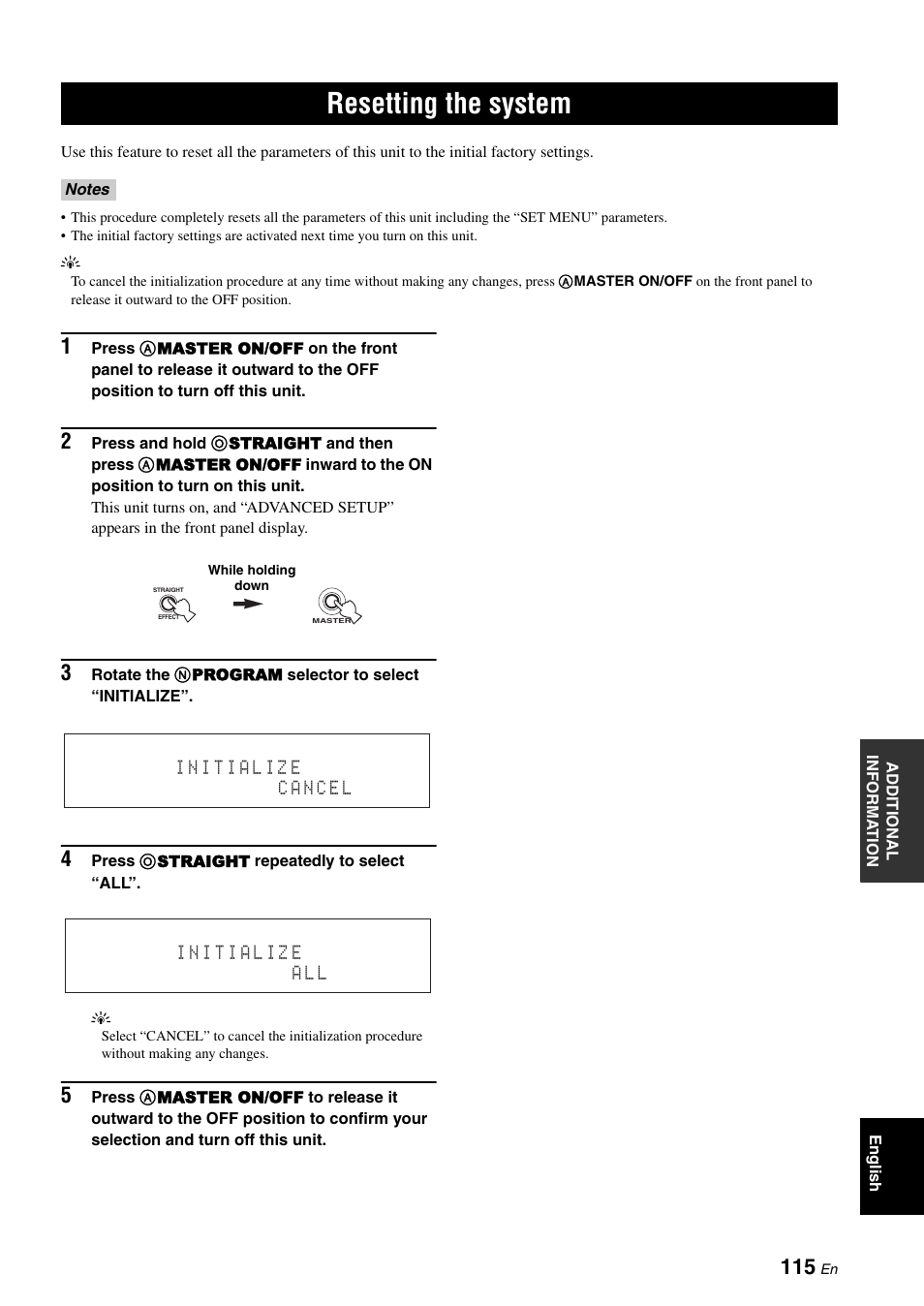 Resetting the system | Yamaha RX-V1900BL User Manual | Page 119 / 146