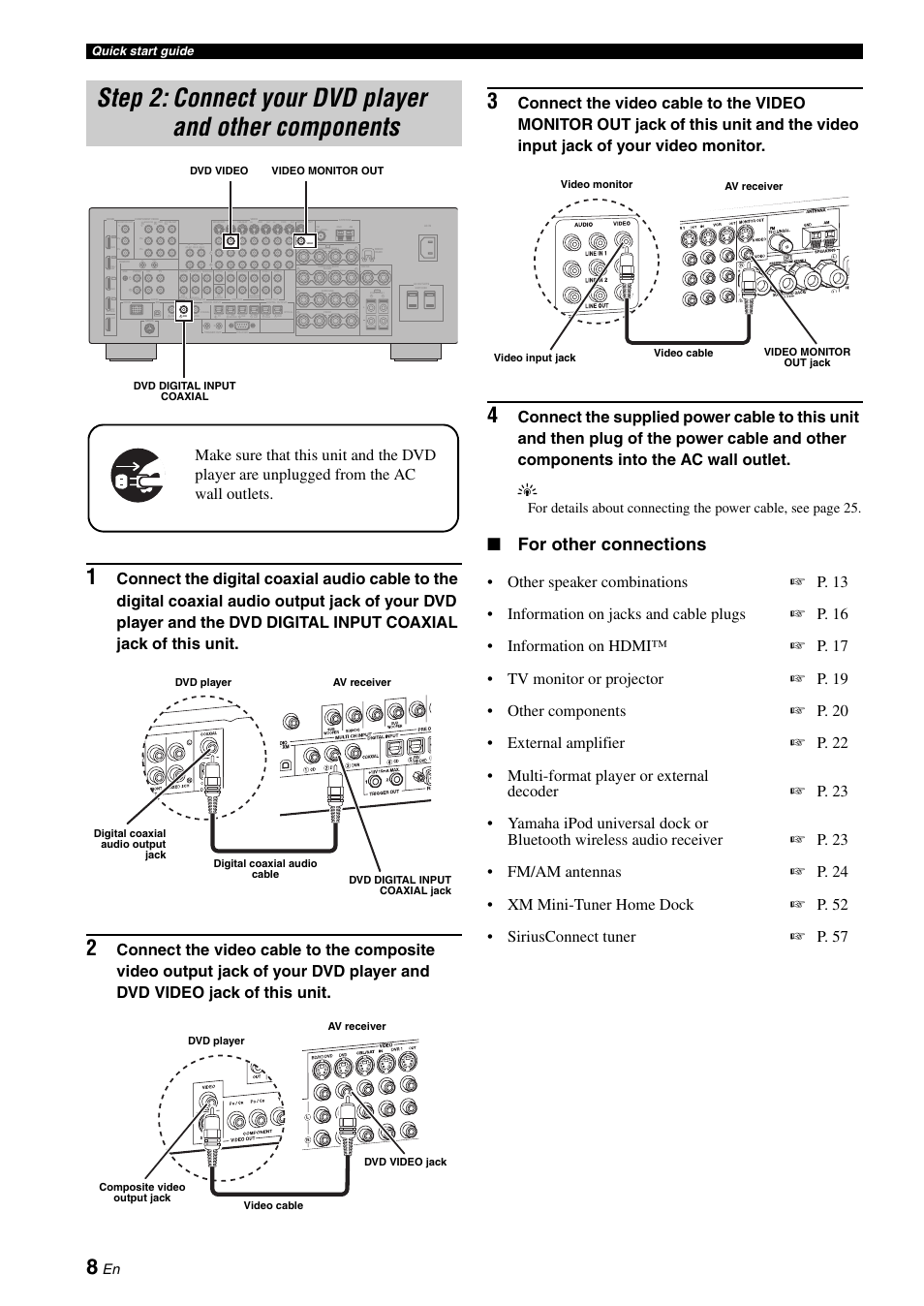 P. 8, For other connections, Presence/zone 2/zone 3 | Single, Presence, Out in in, Quick start guide | Yamaha RX-V1900BL User Manual | Page 12 / 146