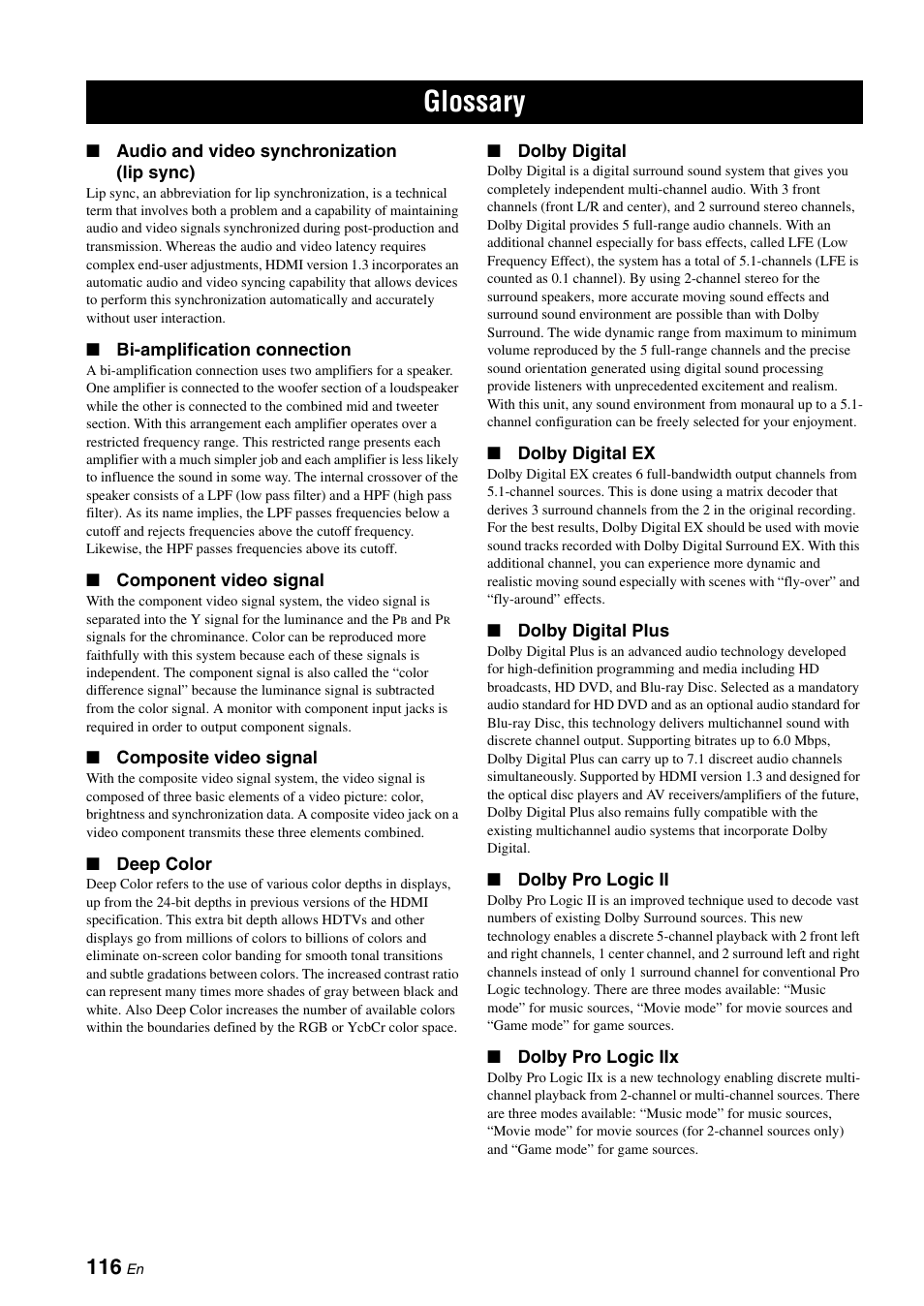 Glossary | Yamaha RX-V1900BL User Manual | Page 120 / 146