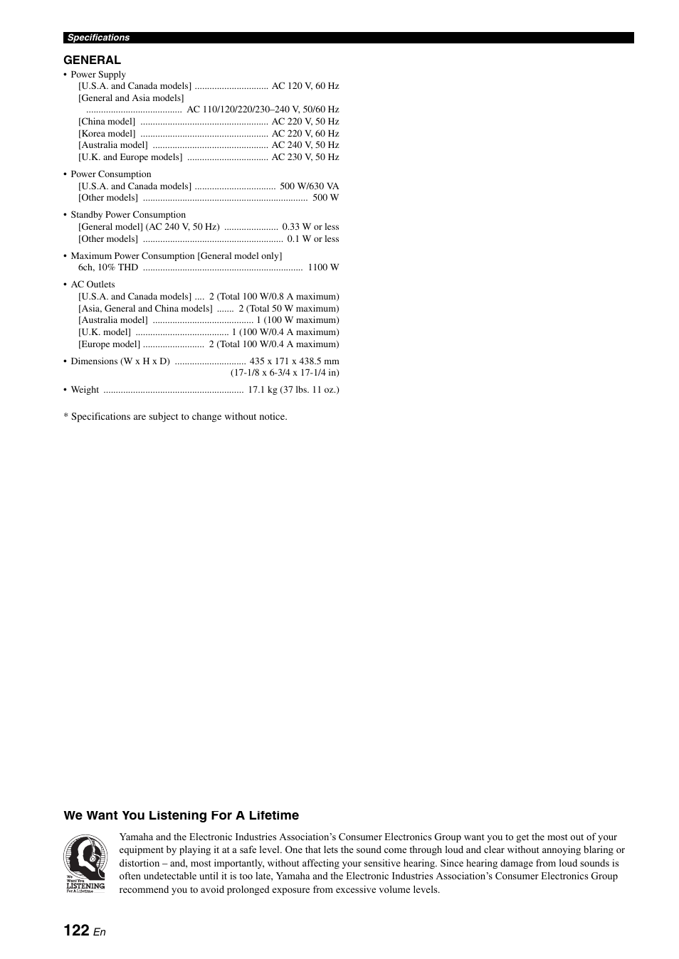 We want you listening for a lifetime | Yamaha RX-V1900BL User Manual | Page 126 / 146