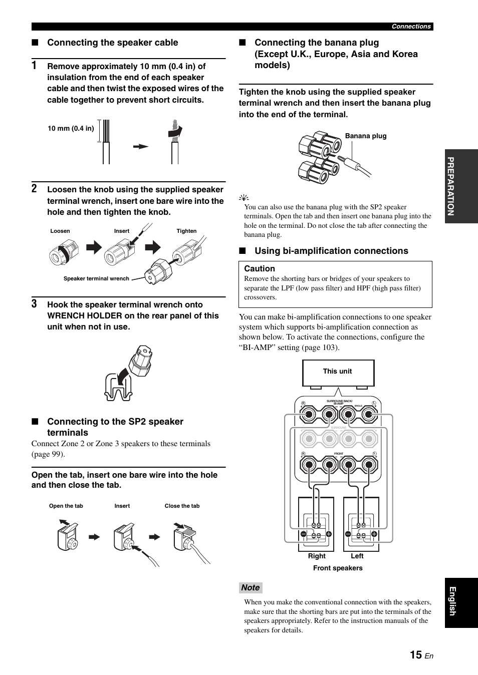 Connecting the speaker cable, Connecting to the sp2 speaker terminals, Using bi-amplification connections | Yamaha RX-V1900BL User Manual | Page 19 / 146