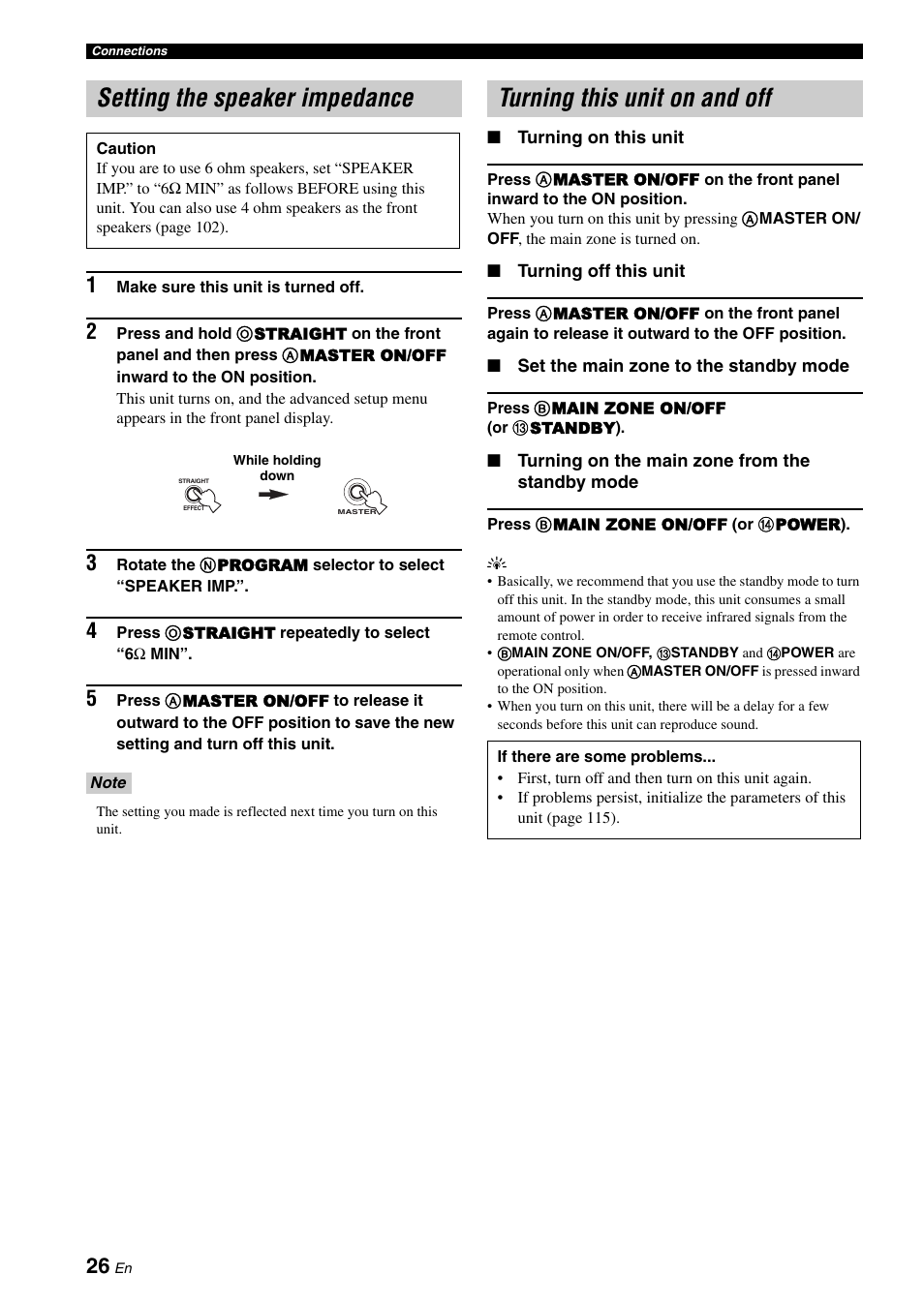 Setting the speaker impedance, Turning this unit on and off | Yamaha RX-V1900BL User Manual | Page 30 / 146