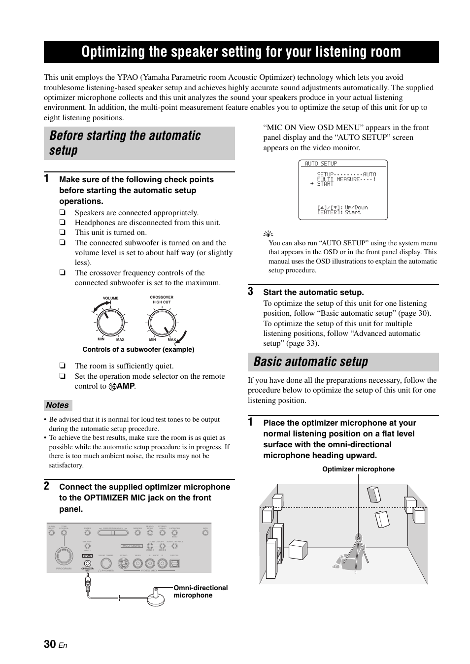 Before starting the automatic setup, Basic automatic setup, Optimizing the speaker setting for your | Listening room, P. 30 | Yamaha RX-V1900BL User Manual | Page 34 / 146