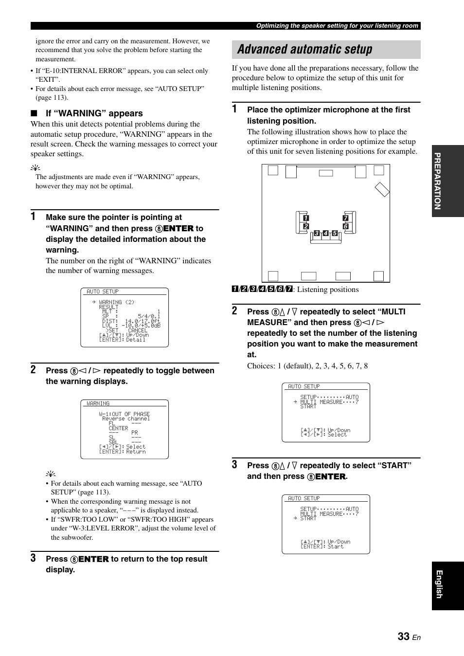 Advanced automatic setup, If “warning” appears | Yamaha RX-V1900BL User Manual | Page 37 / 146