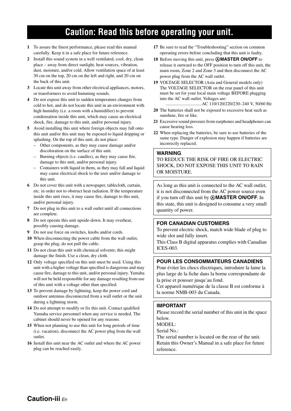 Caution: read this before operating your unit, Caution-iii | Yamaha RX-V1900BL User Manual | Page 4 / 146