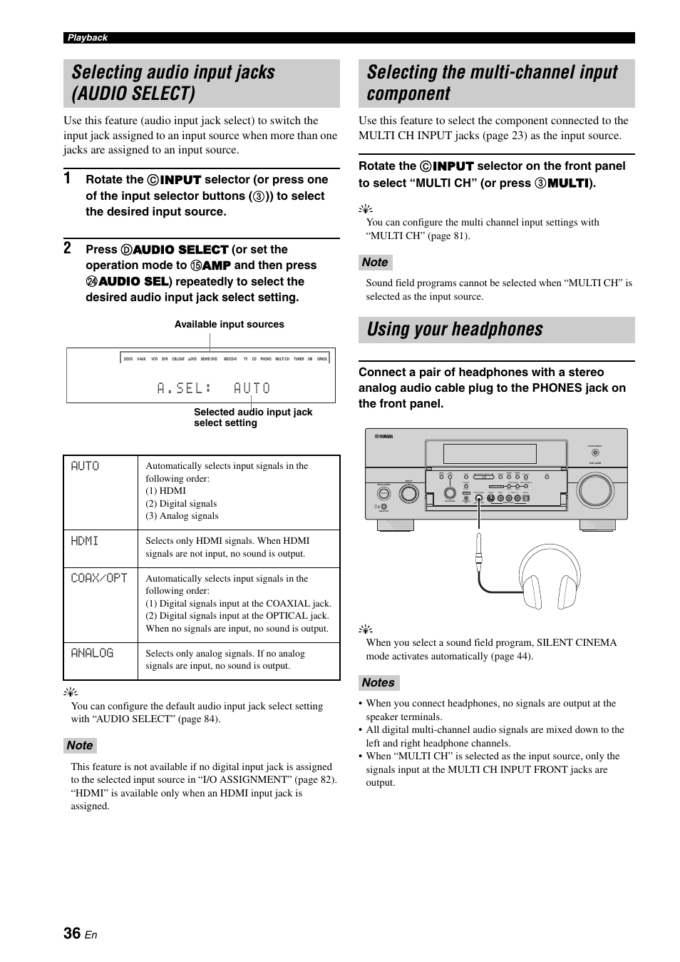 Selecting audio input jacks (audio select), Selecting the multi-channel input component, Using your headphones | A . s e l : a u t o, Auto, Hdmi, Coax/opt, Analog | Yamaha RX-V1900BL User Manual | Page 40 / 146