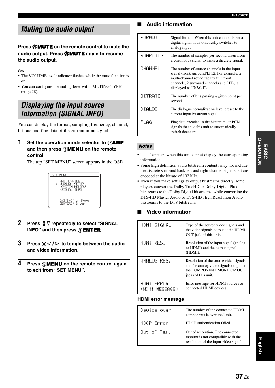 Muting the audio output, Signal info) | Yamaha RX-V1900BL User Manual | Page 41 / 146