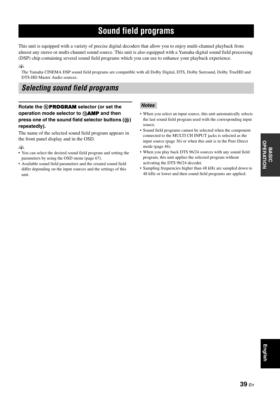 Sound field programs, Selecting sound field programs, P. 39 | Yamaha RX-V1900BL User Manual | Page 43 / 146