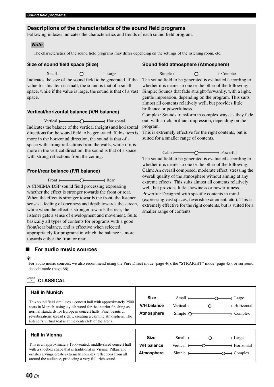 For audio music sources | Yamaha RX-V1900BL User Manual | Page 44 / 146