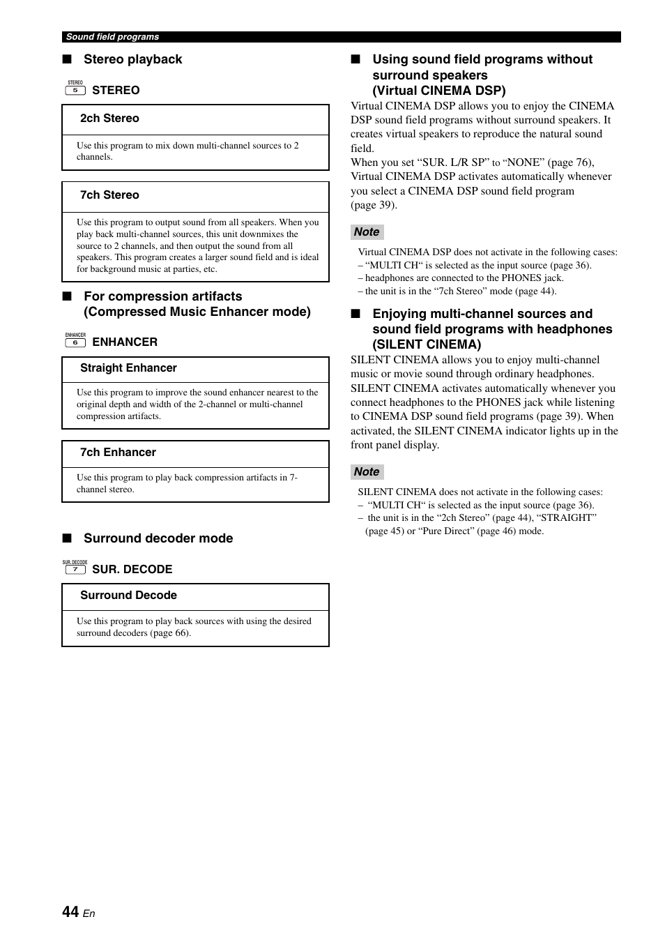 Stereo playback, Surround decoder mode | Yamaha RX-V1900BL User Manual | Page 48 / 146