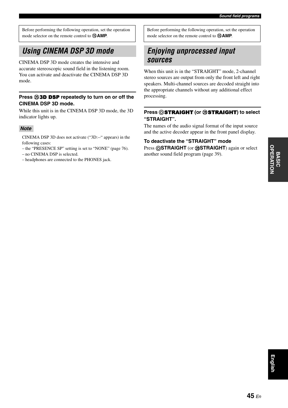 Using cinema dsp 3d mode, Enjoying unprocessed input sources | Yamaha RX-V1900BL User Manual | Page 49 / 146
