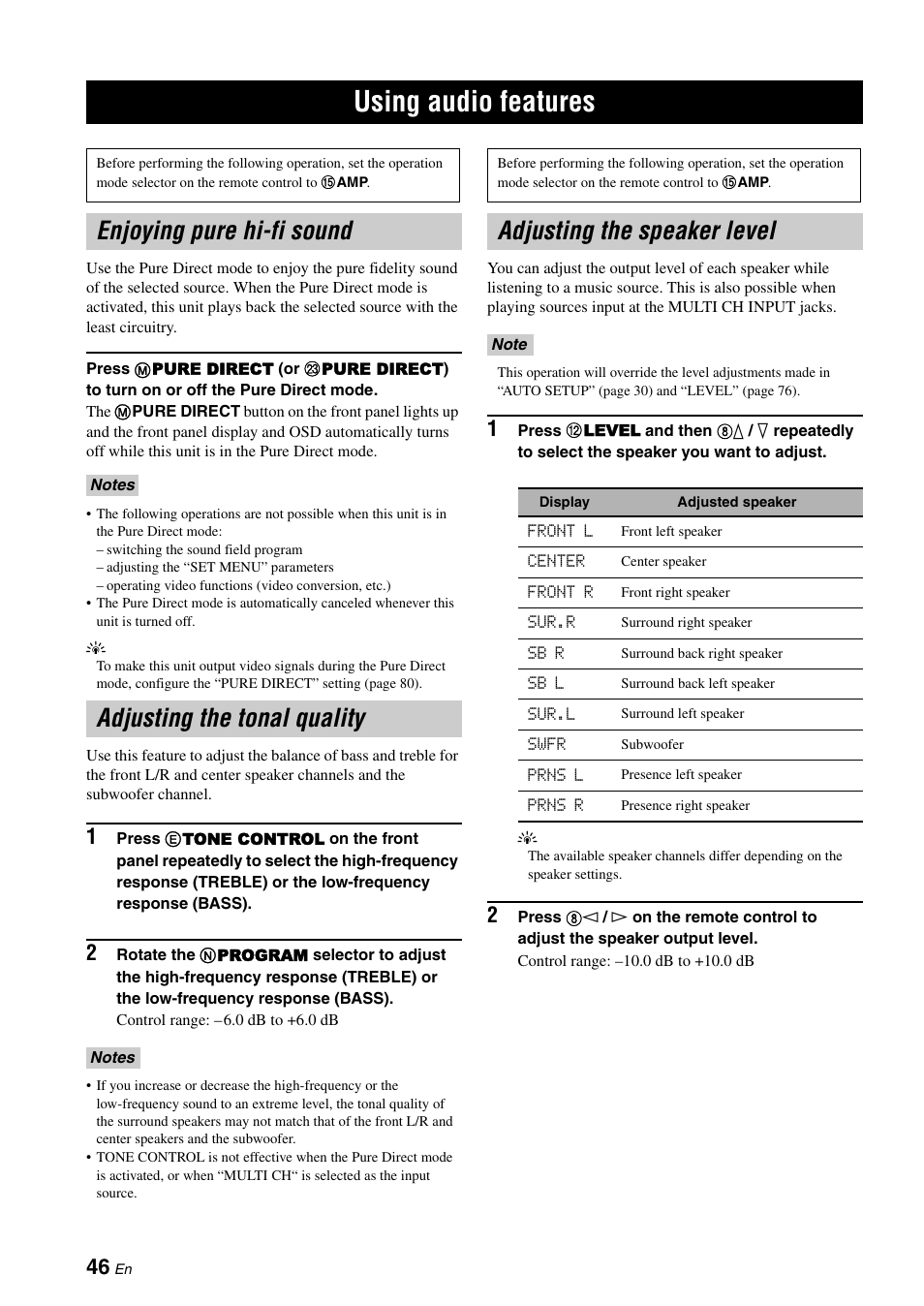 Using audio features, Enjoying pure hi-fi sound, Adjusting the tonal quality | Adjusting the speaker level, P. 46 | Yamaha RX-V1900BL User Manual | Page 50 / 146