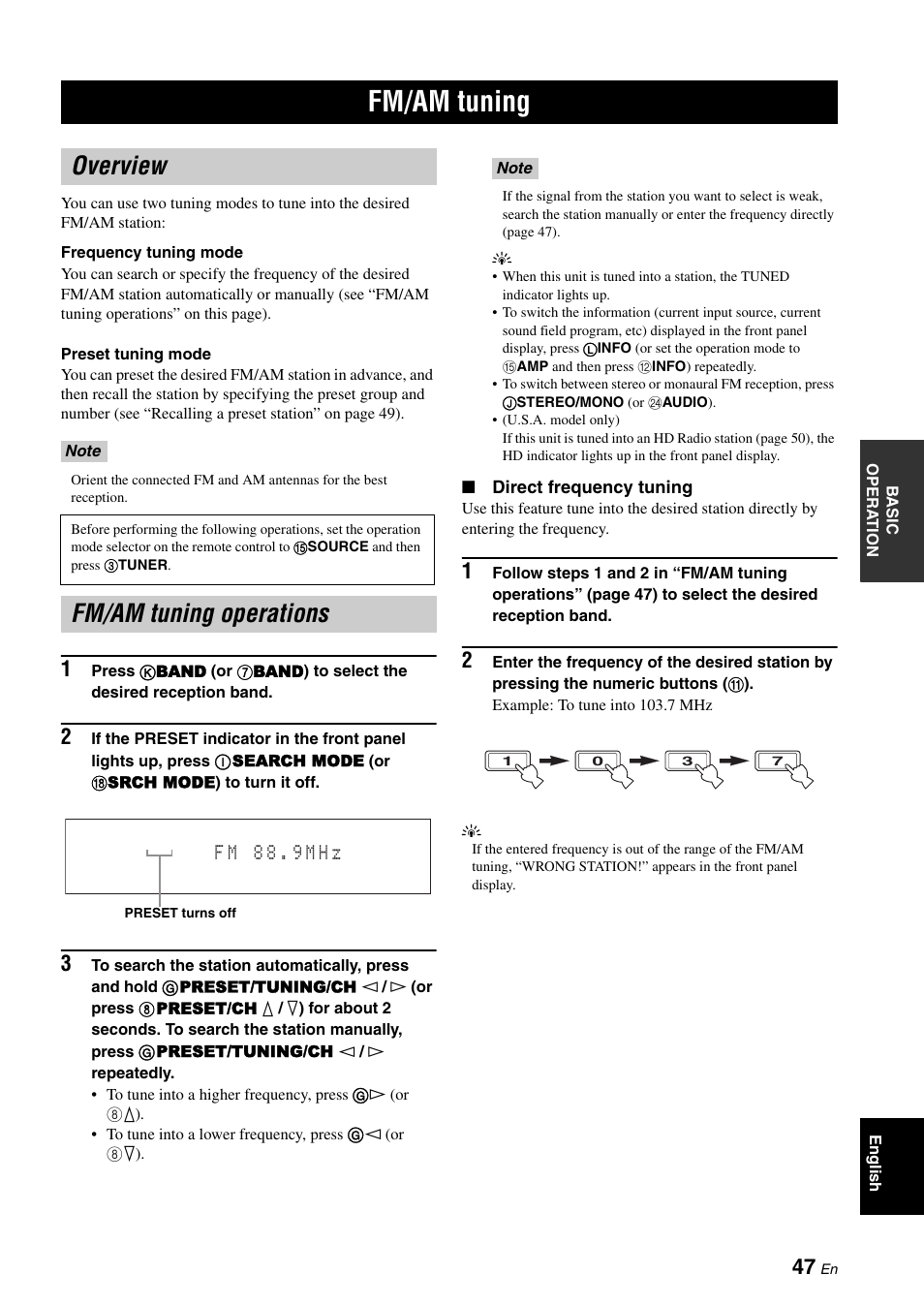 Fm/am tuning, Overview, Fm/am tuning operations | Overview fm/am tuning operations, P. 47 | Yamaha RX-V1900BL User Manual | Page 51 / 146