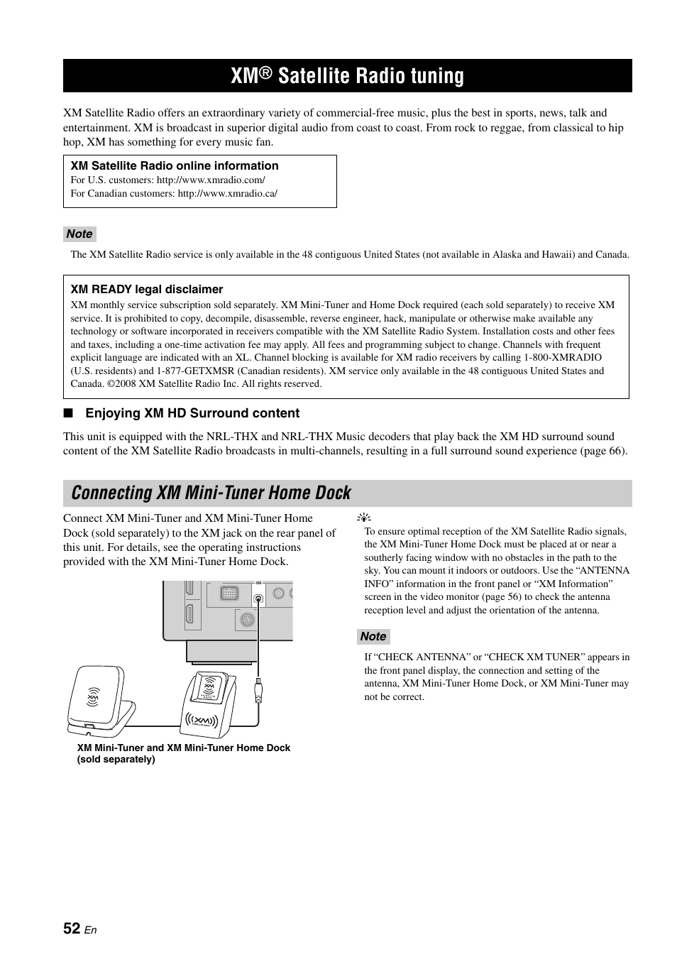 Xm® satellite radio tuning, Connecting xm mini-tuner home dock, Satellite radio tuning | P. 52 | Yamaha RX-V1900BL User Manual | Page 56 / 146