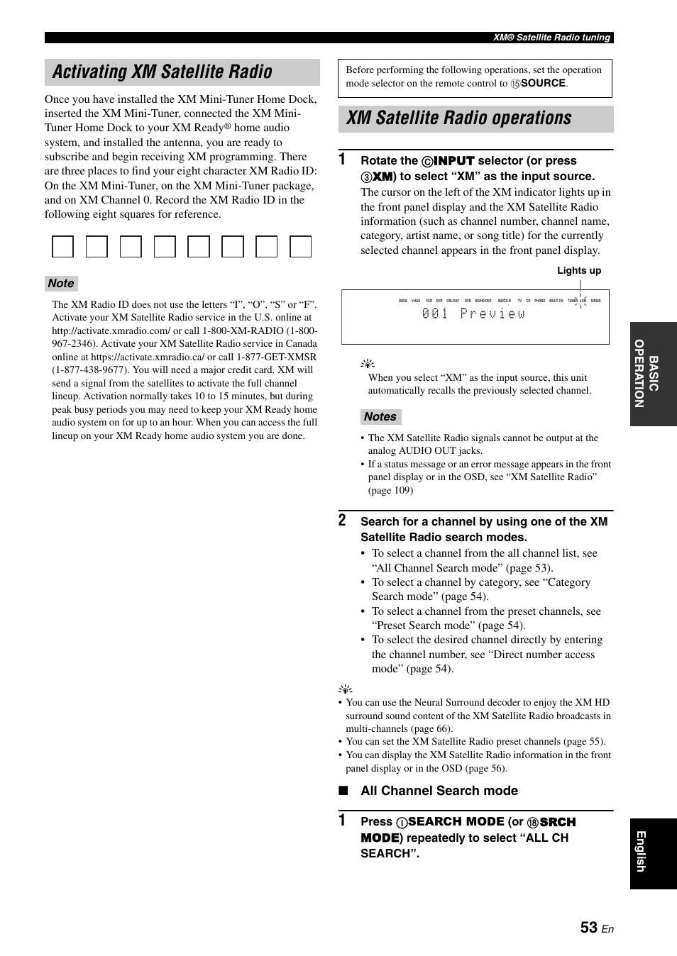 Activating xm satellite radio, Xm satellite radio operations, All channel search mode | Yamaha RX-V1900BL User Manual | Page 57 / 146