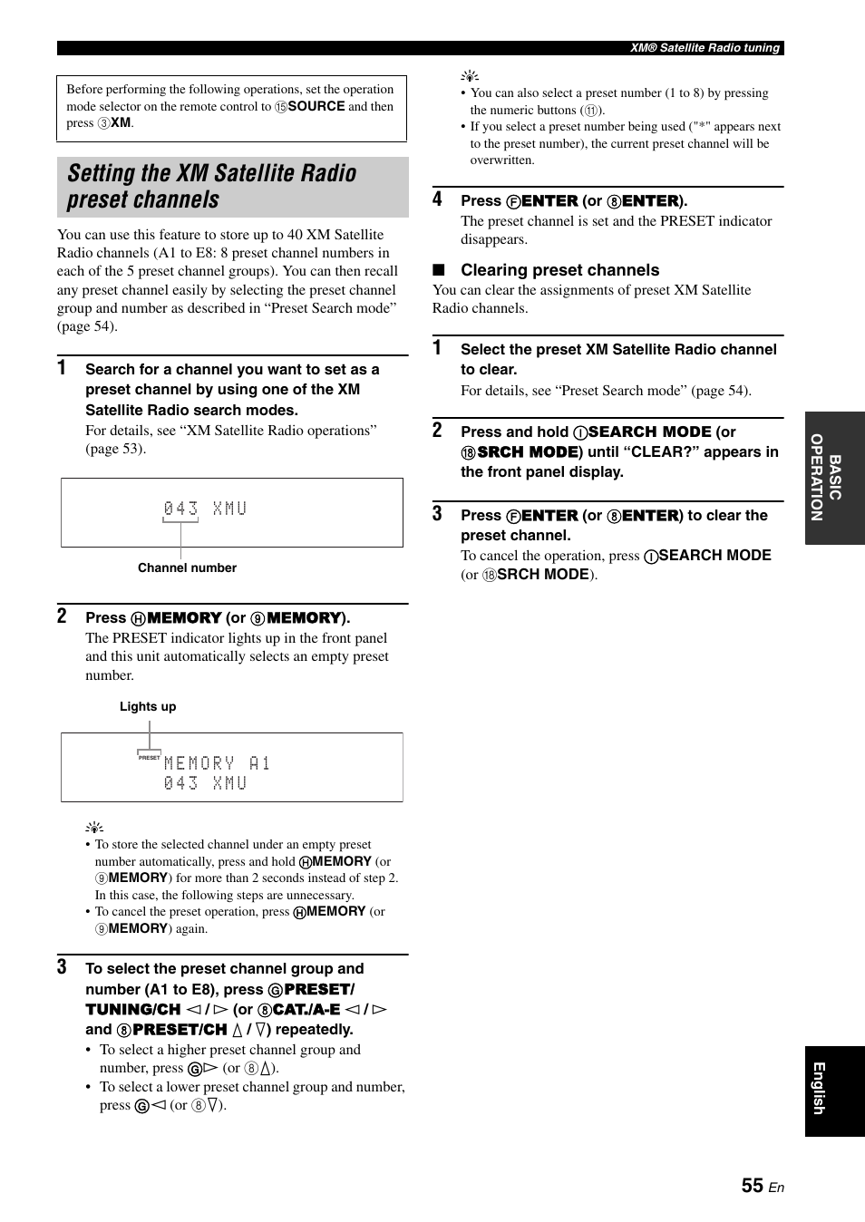 Setting the xm satellite radio preset channels | Yamaha RX-V1900BL User Manual | Page 59 / 146