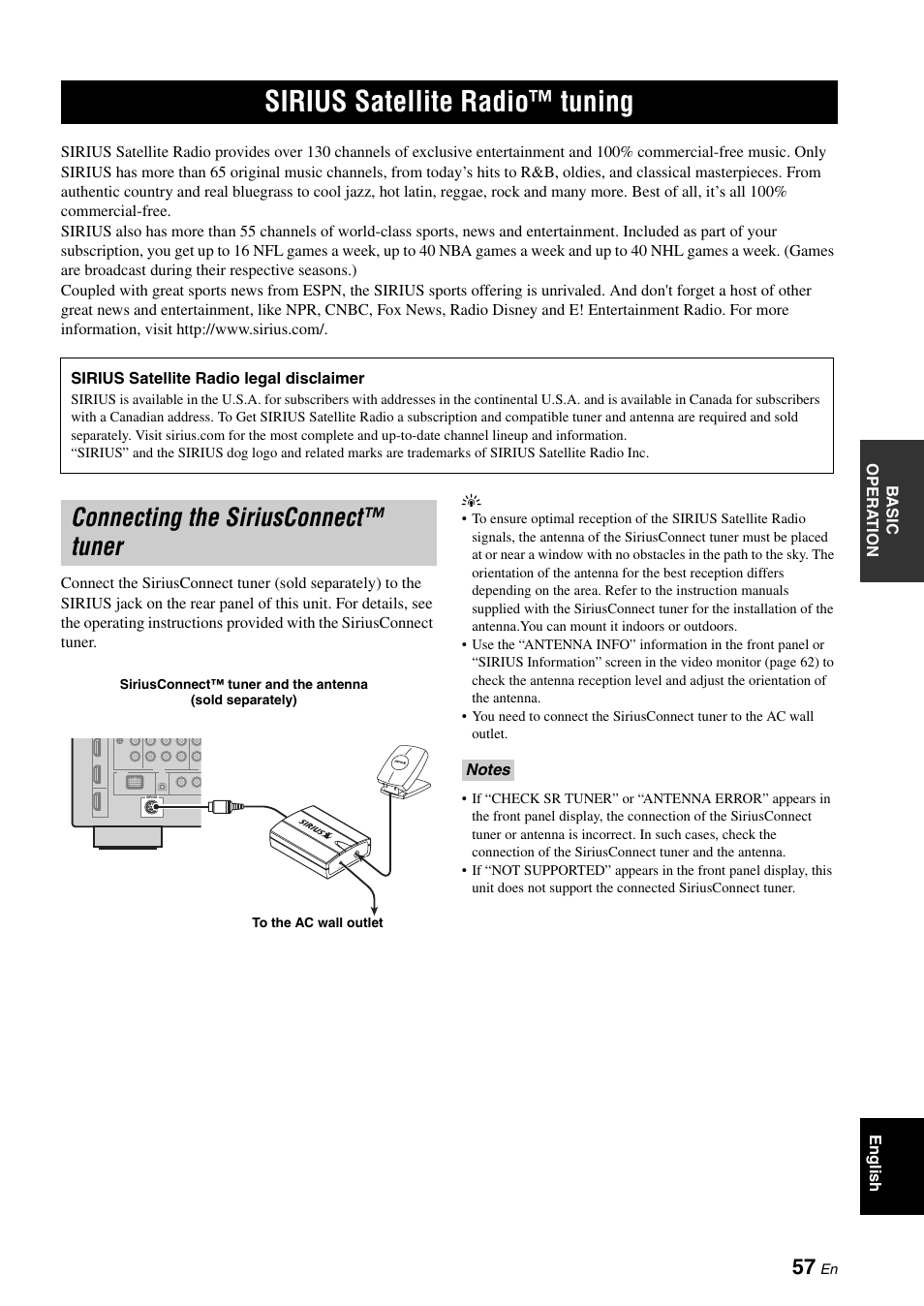 Sirius satellite radio™ tuning, Connecting the siriusconnect™ tuner, P. 57 | Yamaha RX-V1900BL User Manual | Page 61 / 146