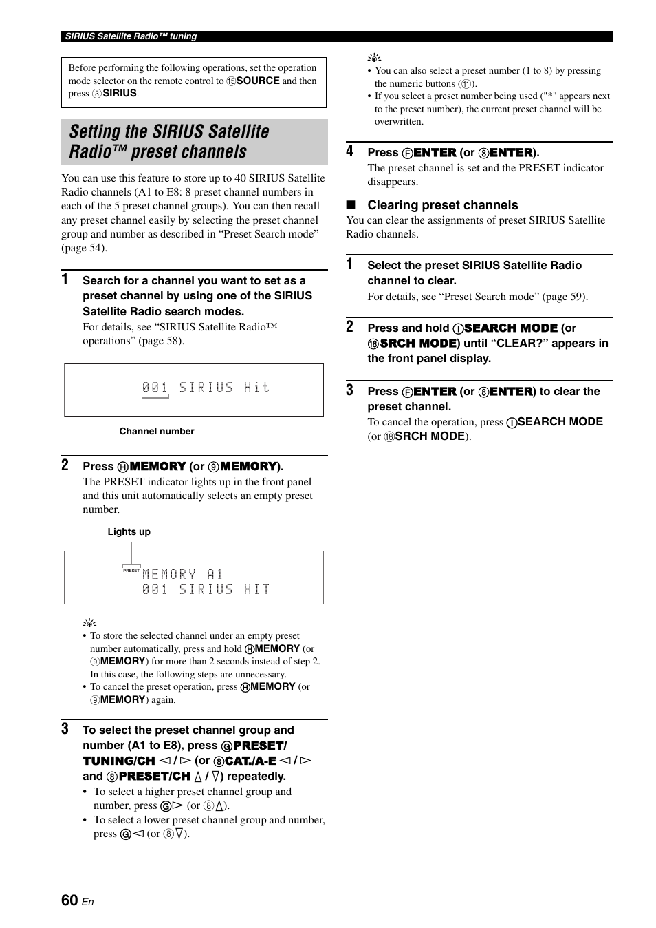 Setting the sirius satellite radio™ preset, Channels | Yamaha RX-V1900BL User Manual | Page 64 / 146