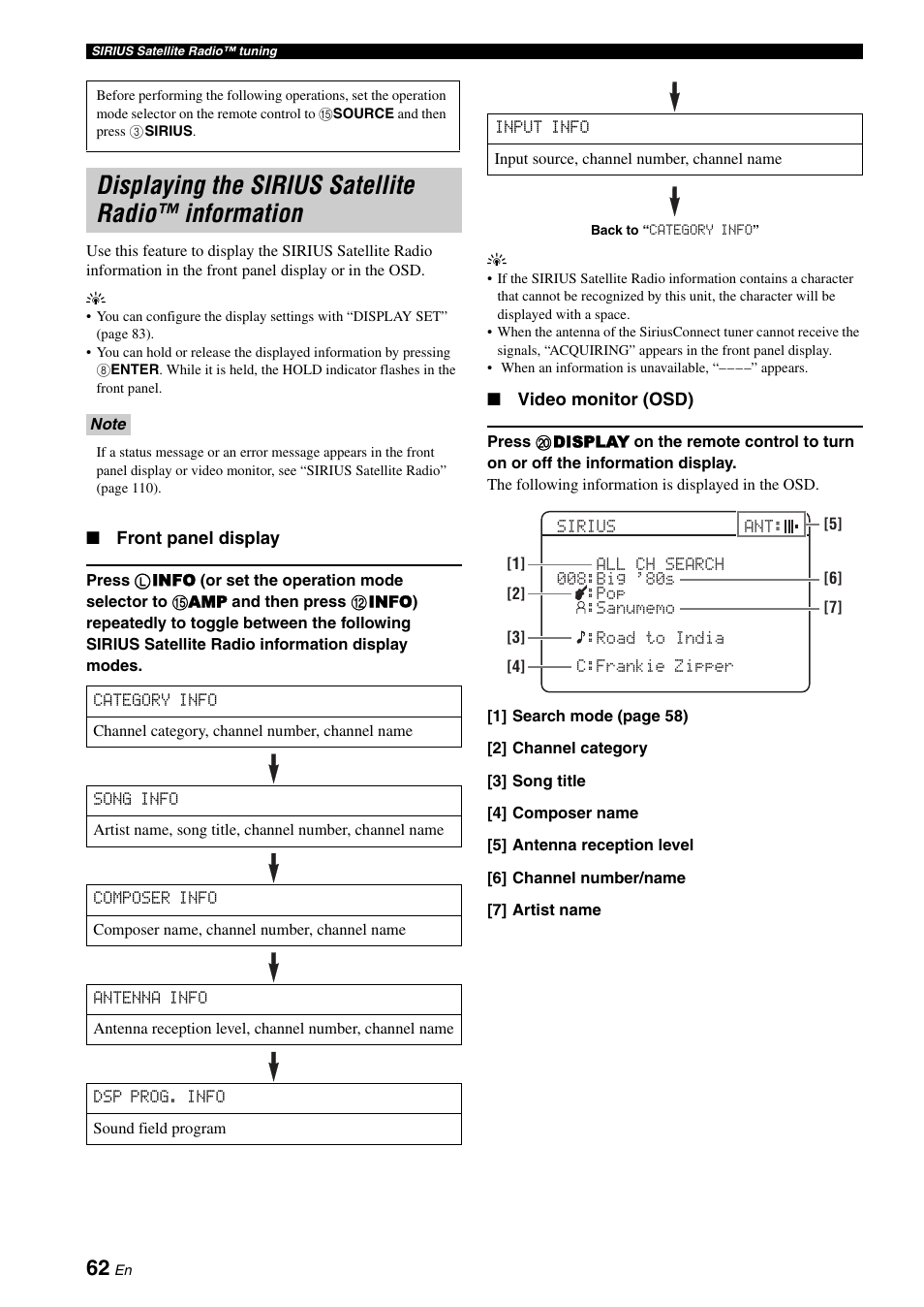 Displaying the sirius satellite radio™ information, Displaying the sirius satellite radio, Information | Yamaha RX-V1900BL User Manual | Page 66 / 146