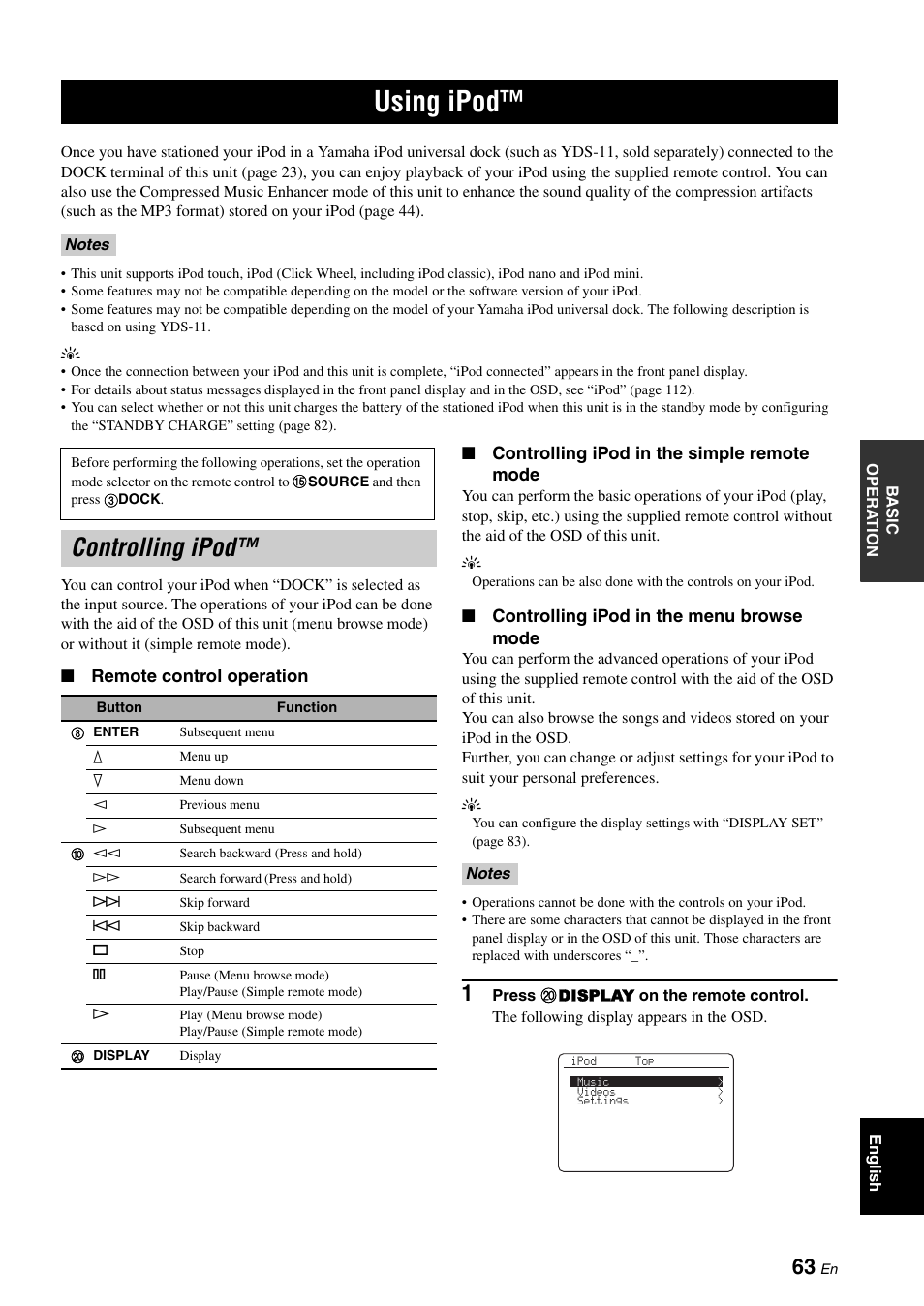 Using ipod, Controlling ipod, P. 63 | Yamaha RX-V1900BL User Manual | Page 67 / 146