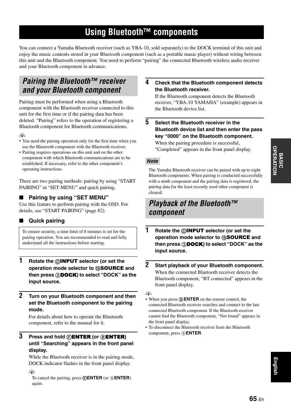Using bluetooth™ components, Playback of the bluetooth™ component, Pairing the bluetooth™ receiver and your | Bluetooth component, P. 65 | Yamaha RX-V1900BL User Manual | Page 69 / 146