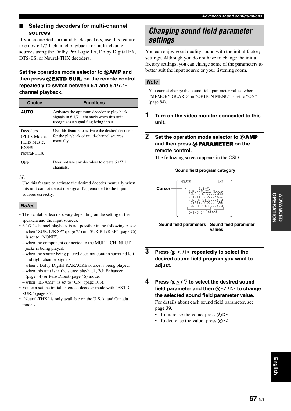 Changing sound field parameter settings | Yamaha RX-V1900BL User Manual | Page 71 / 146