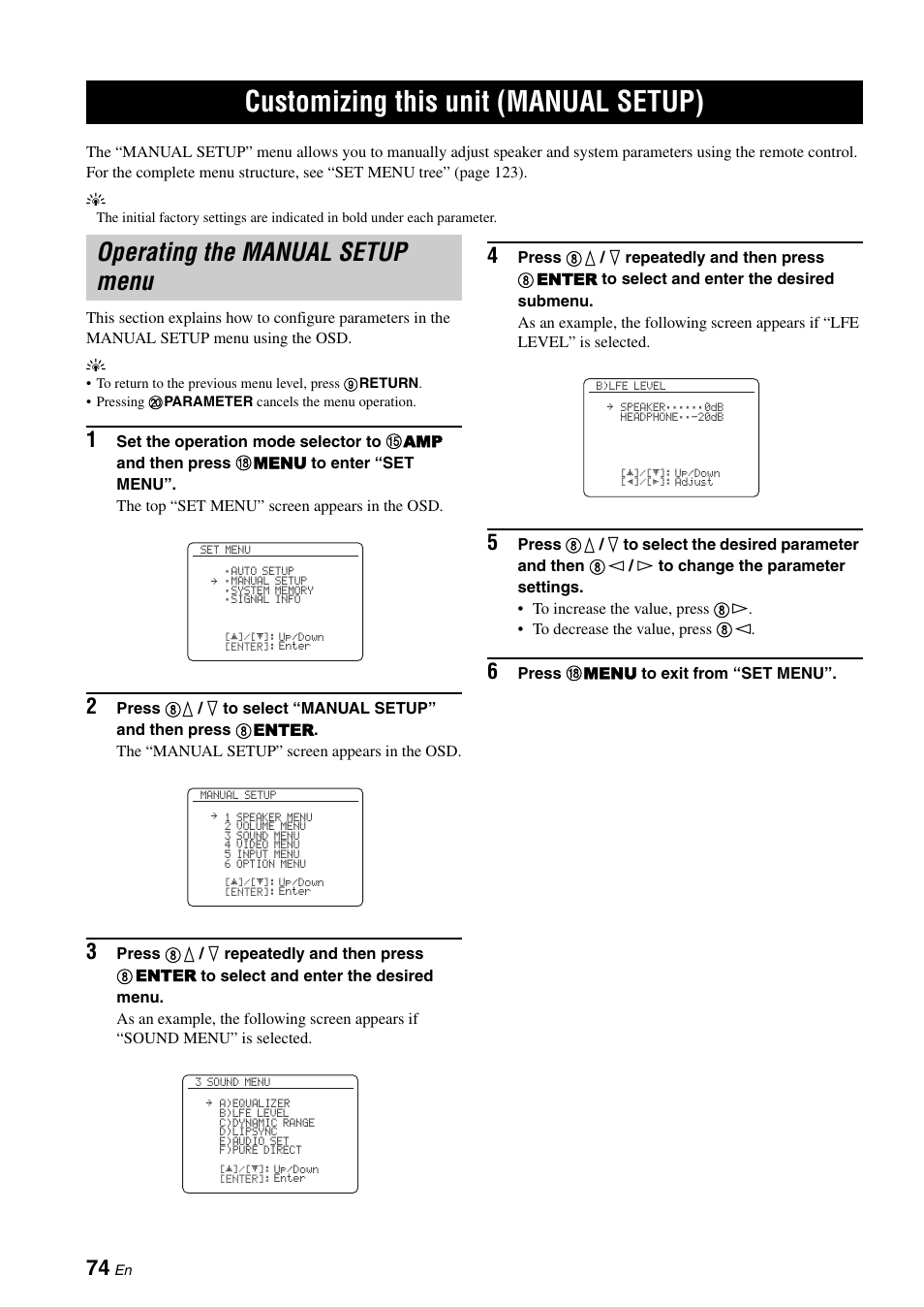 Customizing this unit (manual setup), Operating the manual setup menu | Yamaha RX-V1900BL User Manual | Page 78 / 146