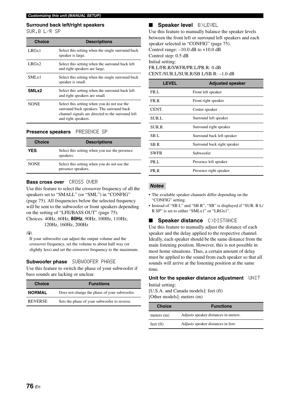 Speaker level, Speaker distance | Yamaha RX-V1900BL User Manual | Page 80 / 146