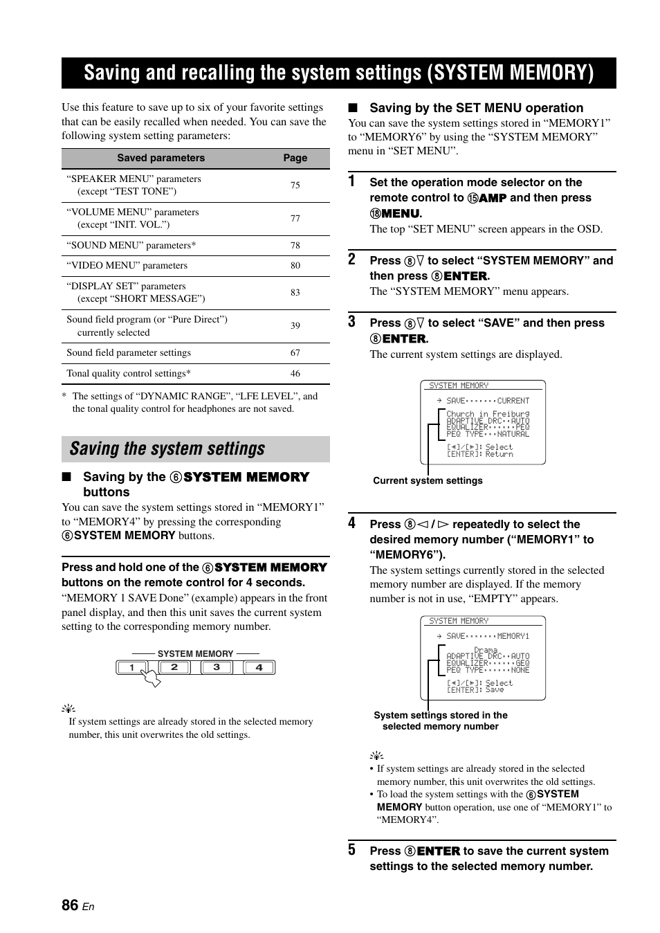 Saving the system settings, Saving and recalling the system settings, System memory) | Saving by the set menu operation | Yamaha RX-V1900BL User Manual | Page 90 / 146