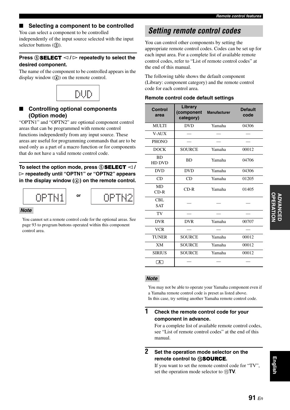 Setting remote control codes, Optn1 optn2 | Yamaha RX-V1900BL User Manual | Page 95 / 146