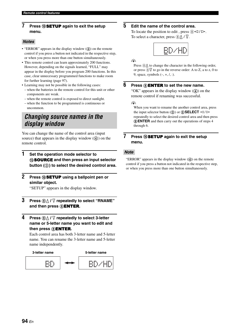 Changing source names in the display window, Bd bd/hd, Bd/hd | Yamaha RX-V1900BL User Manual | Page 98 / 146