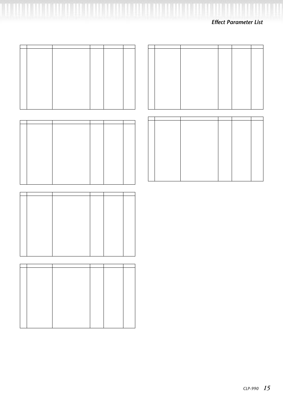 Effect parameter list, Clp-990 | Yamaha CLP-990  EN User Manual | Page 15 / 36